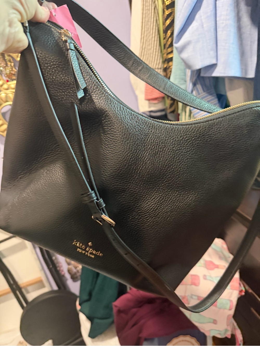 kate spade black pebbled leather shoulder hobo bag